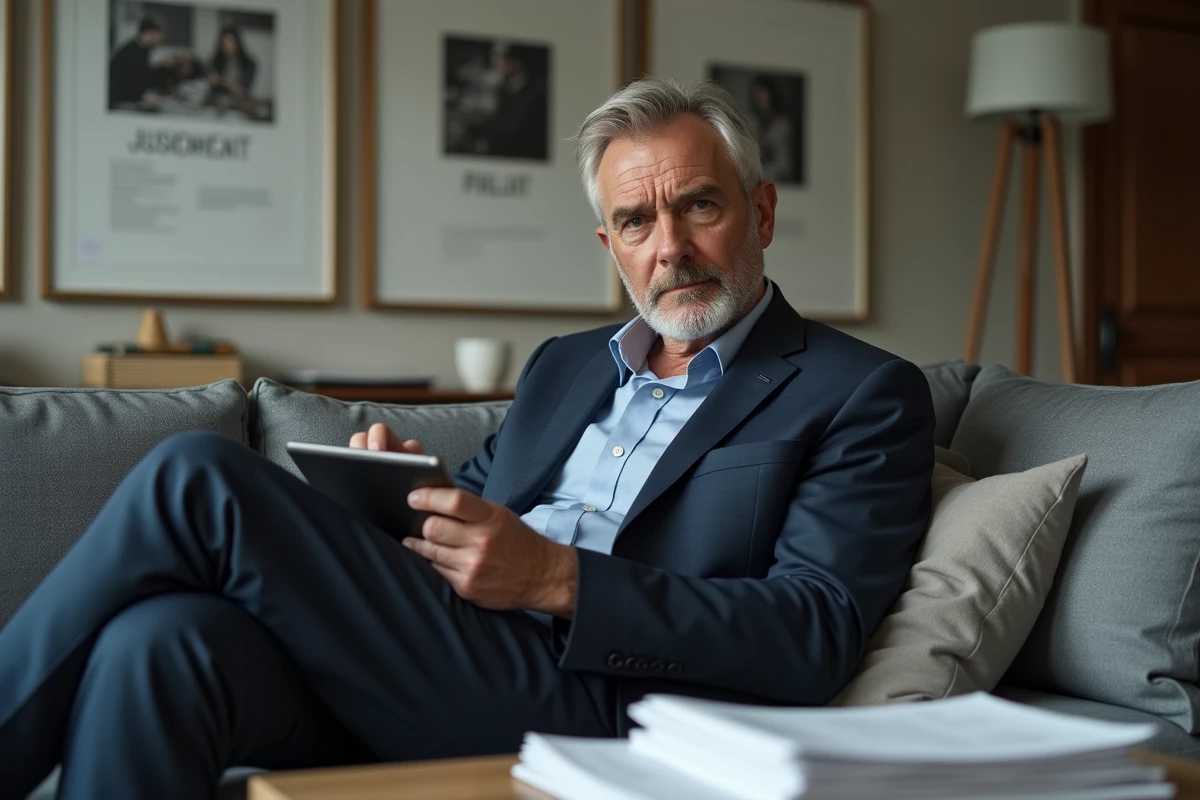 Acteur homme en costume assis sur un canapé dans un salon minimaliste