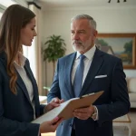 Agent immobilier en costume bleu discutant avec un couple dans un salon