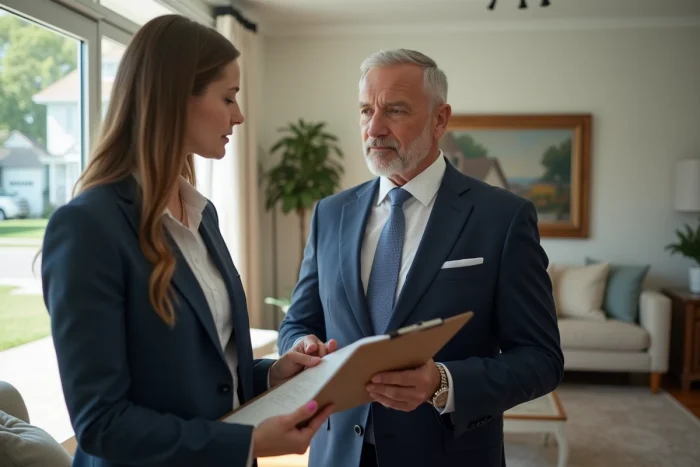 Agent immobilier en costume bleu discutant avec un couple dans un salon