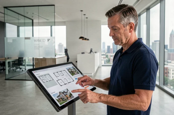 Agente inmobiliario consultando un sitemap de propiedades en una tablet en una agencia moderna