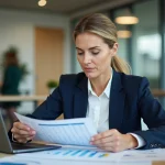 Femme professionnelle analysant des documents commerciaux et comparant des offres d'entreprise sur ordinateur portable dans un bureau moderne