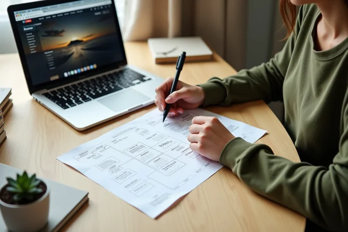 Mains annotant un plan de site imprimé posé sur un bureau avec un ordinateur portable ouvert en arrière-plan