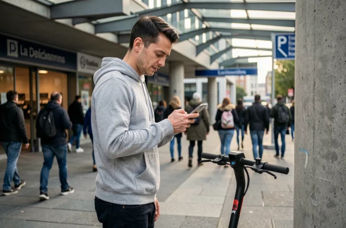 Man searching for an electric scooter parking spot via a mobile app in La Défense