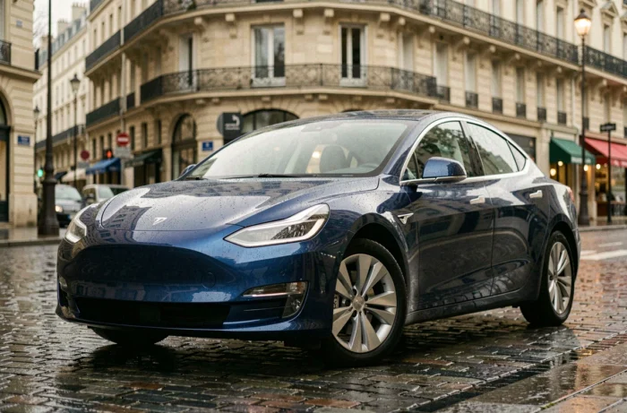 Berline électrique moderne aux lignes aérodynamiques garée sur un boulevard parisien sous la pluie, reflet dans les pavés mouillés