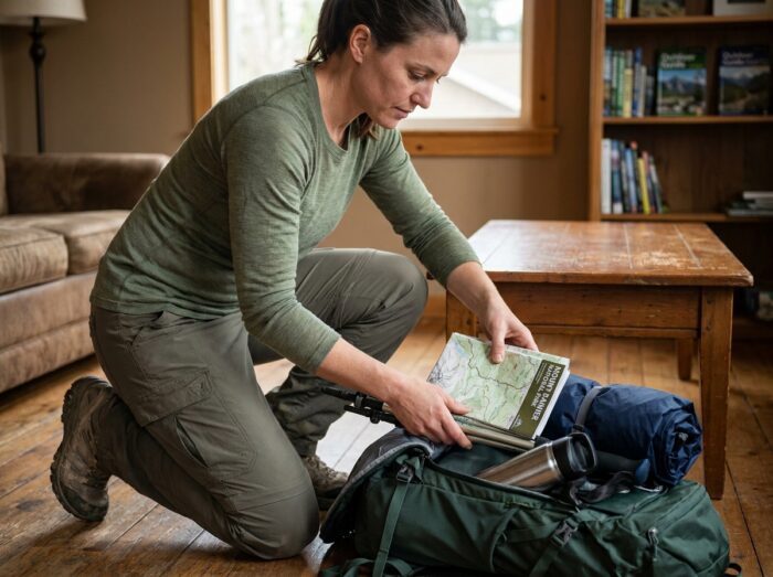 Femme randonneuse préparant ses cadeaux de randonnée : sac à dos, bâtons de trekking, carte topographique et veste imperméable sur plancher en bois