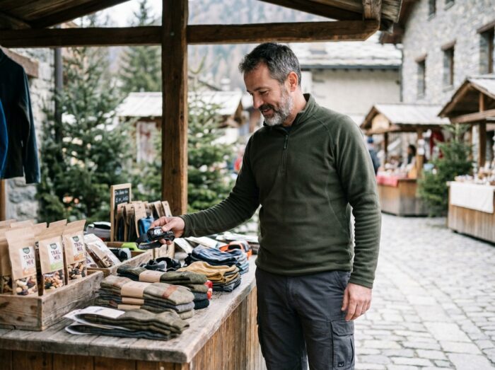 Homme en train de choisir des accessoires de randonnée dans un marché artisanal de montagne : lampe frontale, chaussettes techniques et snacks trail