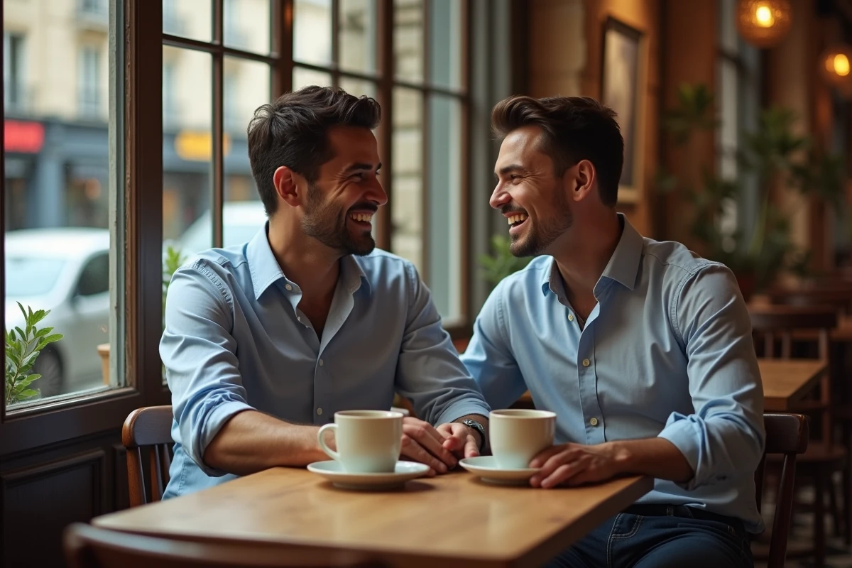 Slimane et son partenaire rient au café à Paris
