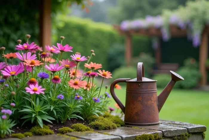 Coin de jardin sauvage avec cosmos, échinacées et bourrache et arrosoir vintage en métal rouillé