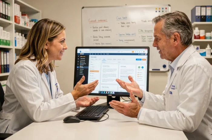 Deux professionnels de pharmacie collaborant devant un écran affichant une plateforme en ligne dédiée aux pharmaciens