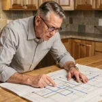 Propriétaire consultant des plans de canalisation de maison dépliés sur une table de cuisine en bois