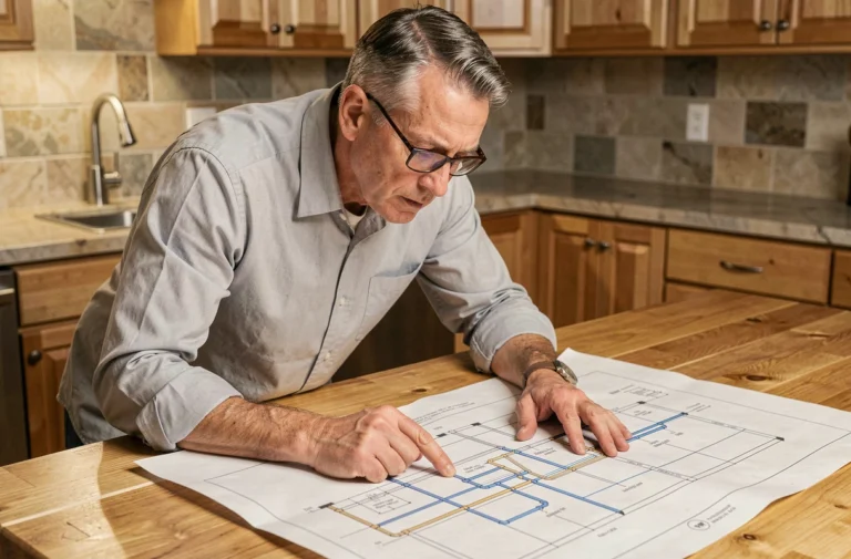 Propriétaire consultant des plans de canalisation de maison dépliés sur une table de cuisine en bois