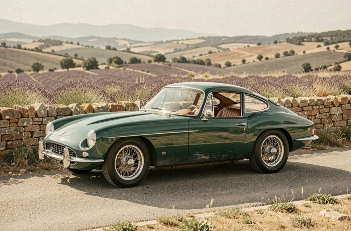Coupé sportif vintage des années 1960 en British racing green garé sur une route de montagne provençale entourée de lavandes