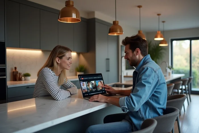 Couple choisissant un film sur une plateforme VOD depuis un ordinateur portable en cuisine