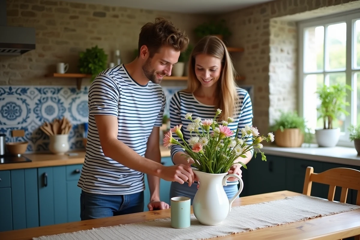 Giovane coppia che sistema fiori nella cucina bretonna
