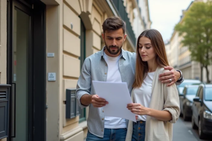 Couple de locataires consultant un état des lieux devant un immeuble géré par Foncia en ville