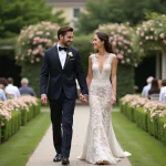 Jeune couple en mariage dans un jardin fleuri