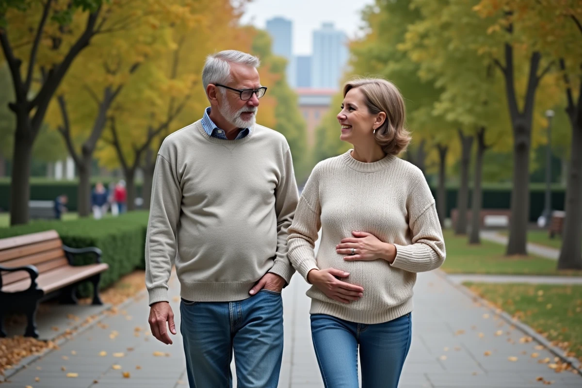 Couple marchant dans un parc en discutant tranquillement