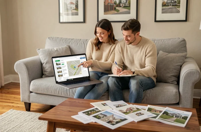 Pareja buscando un bien inmobiliario a través de un sitemap en una computadora portátil en una sala