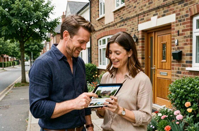 Couple consultant une annonce immobilière sur une tablette devant une maison à vendre en banlieue