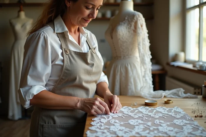 Couturière experte épinglant de la dentelle Chantilly noire sur une robe de mariée dans un atelier de création