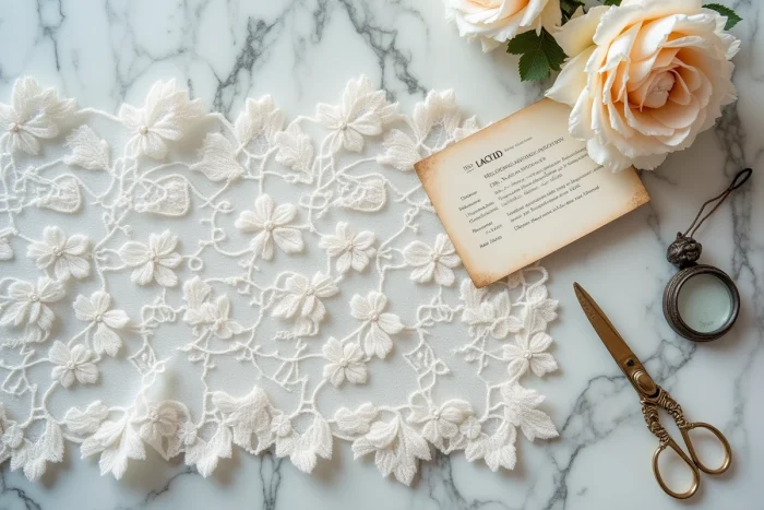 Gros plan de dentelle Chantilly ivoire posée sur du marbre avec des outils de sélection de tissu pour robe de mariée