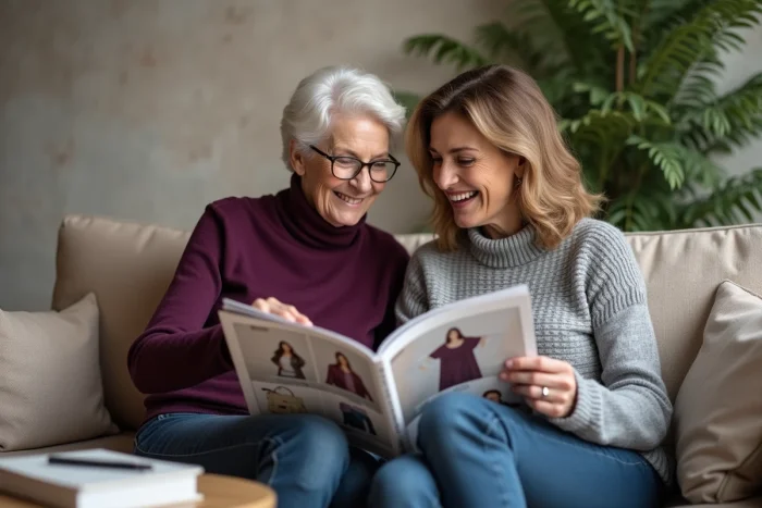 Deux femmes comparant des articles du catalogue Damart ensemble sur un canapé dans un salon chaleureux
