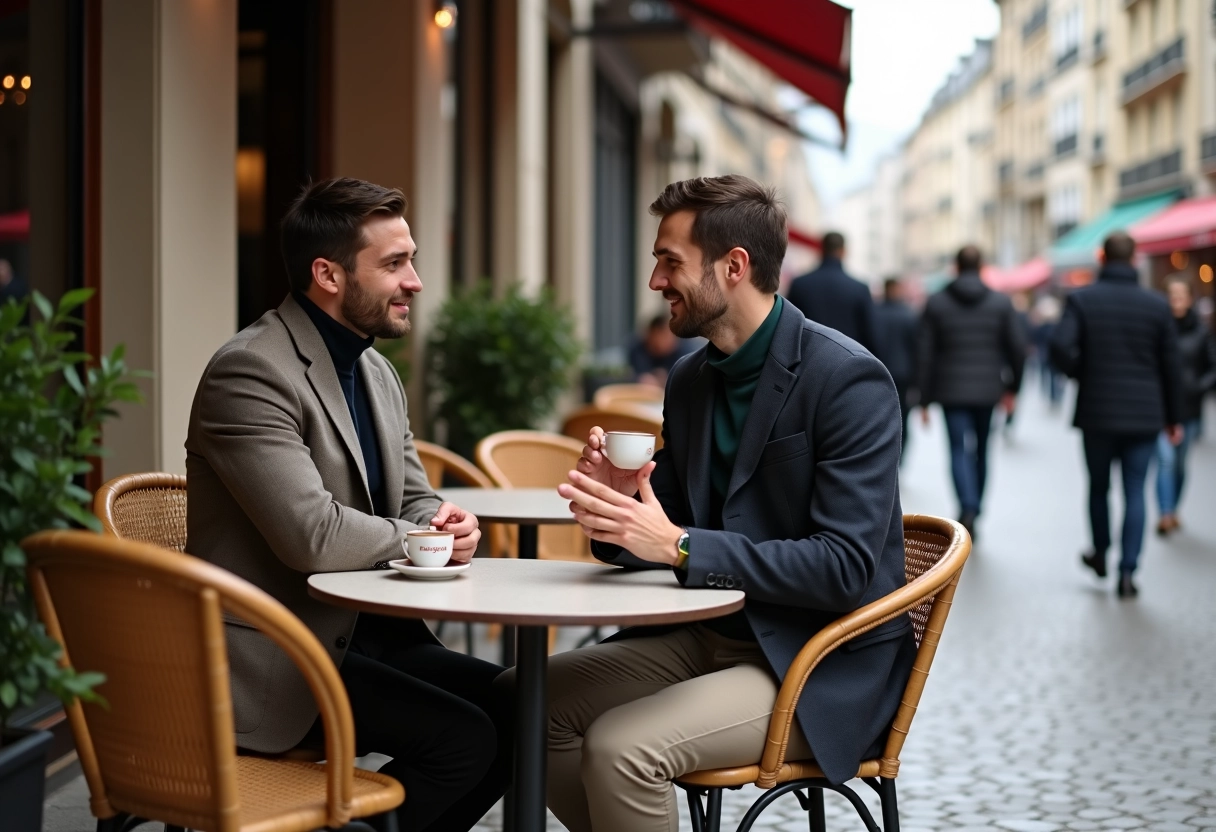 Deux jeunes hommes parisiens discutant au café en plein air