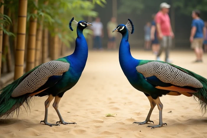 Deux paons face à face dans un enclos de zoo, l'un vocalisant et l'autre répondant, interaction communicative entre oiseaux