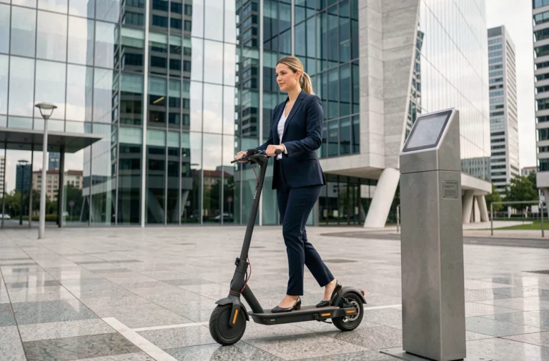 Femme professionnelle prenant une trottinette électrique à un emplacement dédié près des tours de La Défense
