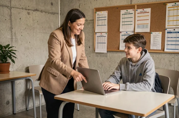 Enseignante aidant un lycéen à utiliser CPro STI sur un ordinateur portable au lycée