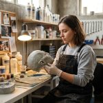Étudiante en effets spéciaux sculptant un masque de prothèse en silicone dans un atelier de maquillage spécial