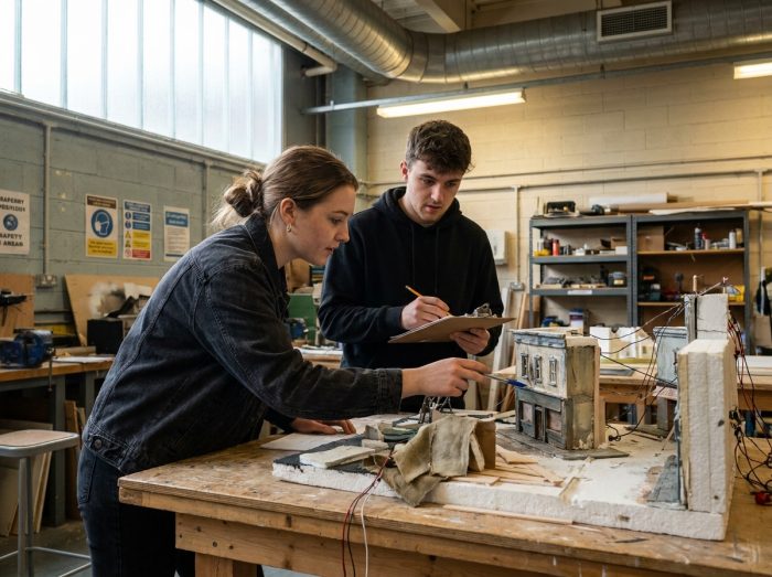 Deux étudiants collaborant sur une maquette miniature en atelier de décors pratiques pour un cursus d'effets spéciaux