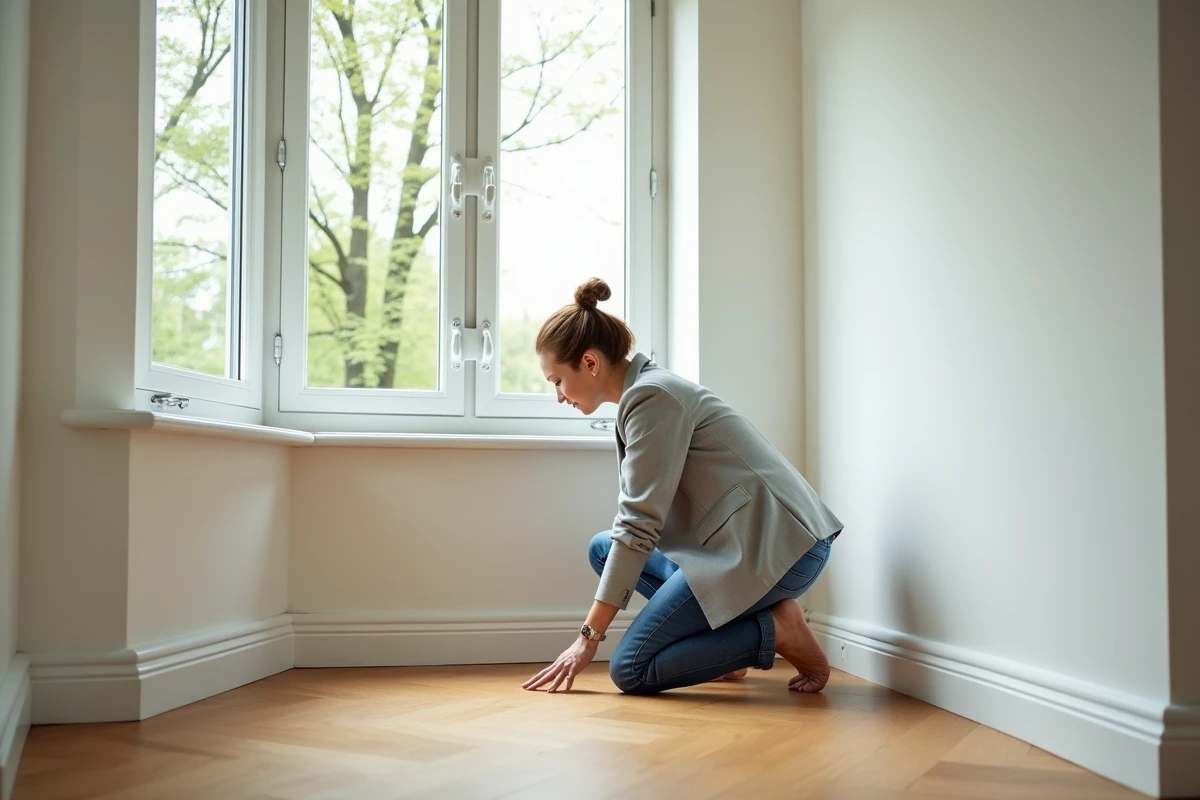 Femme évaluatrice inspectant les plinthes dans une maison lumineuse