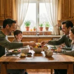 Famille réunie autour d'un petit-déjeuner maison dans une cuisine chaleureuse, parents et enfants partageant un moment de complicité au quotidien