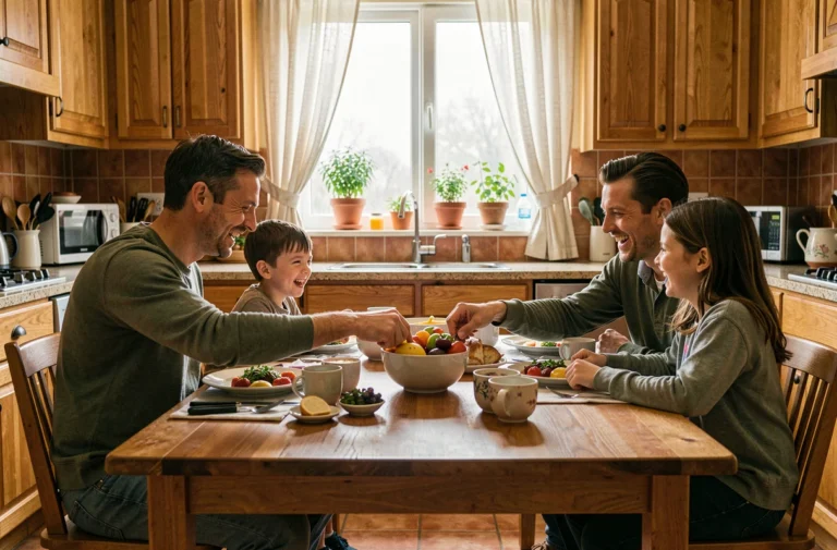 Famille réunie autour d'un petit-déjeuner maison dans une cuisine chaleureuse, parents et enfants partageant un moment de complicité au quotidien