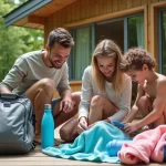 Famille de quatre préparant leurs affaires dehors à Center Parcs