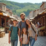 Famille souriante découvrant le marché à Dancharia