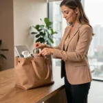 Femme active professionnelle organisant ses accessoires indispensables dans un sac tendance sur un bureau moderne en bois