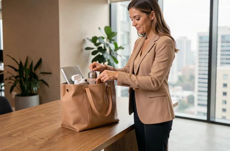 Femme active professionnelle organisant ses accessoires indispensables dans un sac tendance sur un bureau moderne en bois