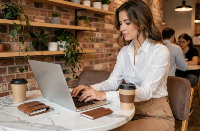 Jeune femme active en télétravail dans un café avec ses accessoires pratiques posés sur une table en marbre