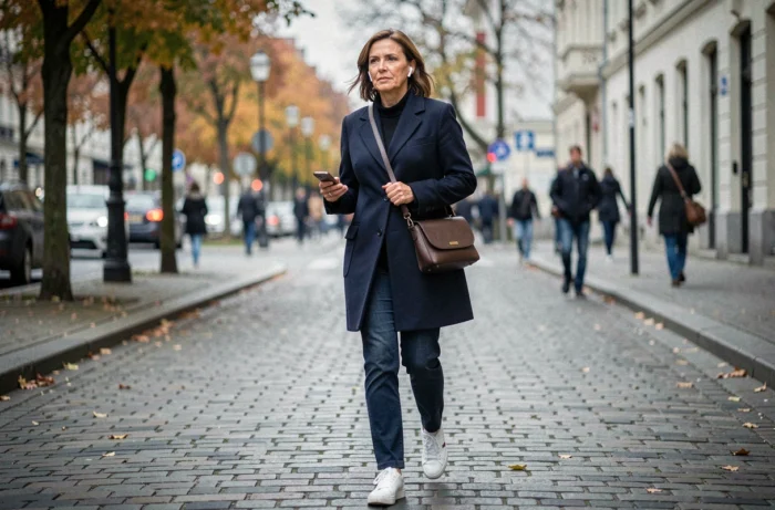 Femme active marchant en ville avec un sac bandoulière pratique et des accessoires du quotidien, tenue professionnelle décontractée
