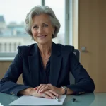 Femme d'affaires en tailleur navy assise à son bureau