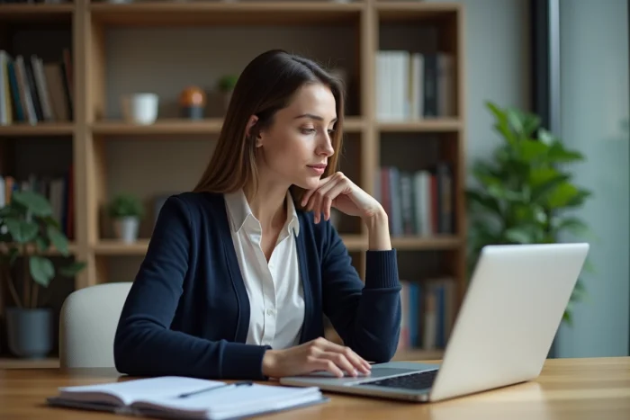 Femme en bureau à domicile travaillant sur son ordinateur