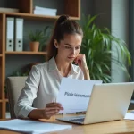 Femme au bureau avec document pole emploi et ordinateur