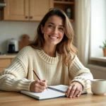 Femme écrivant dans un carnet avec une tasse de café dans une cuisine moderne et chaleureuse, illustrant les astuces du quotidien