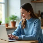 Jeune femme en sweater bleu travaille sur son laptop en cuisine