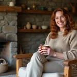 Femme assise dans un salon breton cosy avec cheminée