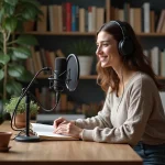 Femme en train d'enregistrer un audiobook à domicile