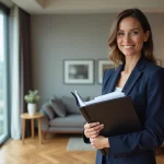 Femme confiante en costume dans un appartement moderne
