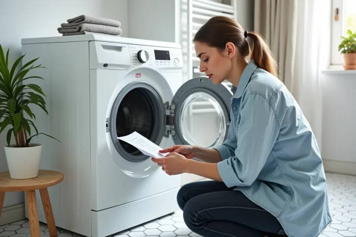 Femme consultant le manuel d'installation pour comprendre le fonctionnement de la double évacuation de son lave-linge sèche-linge